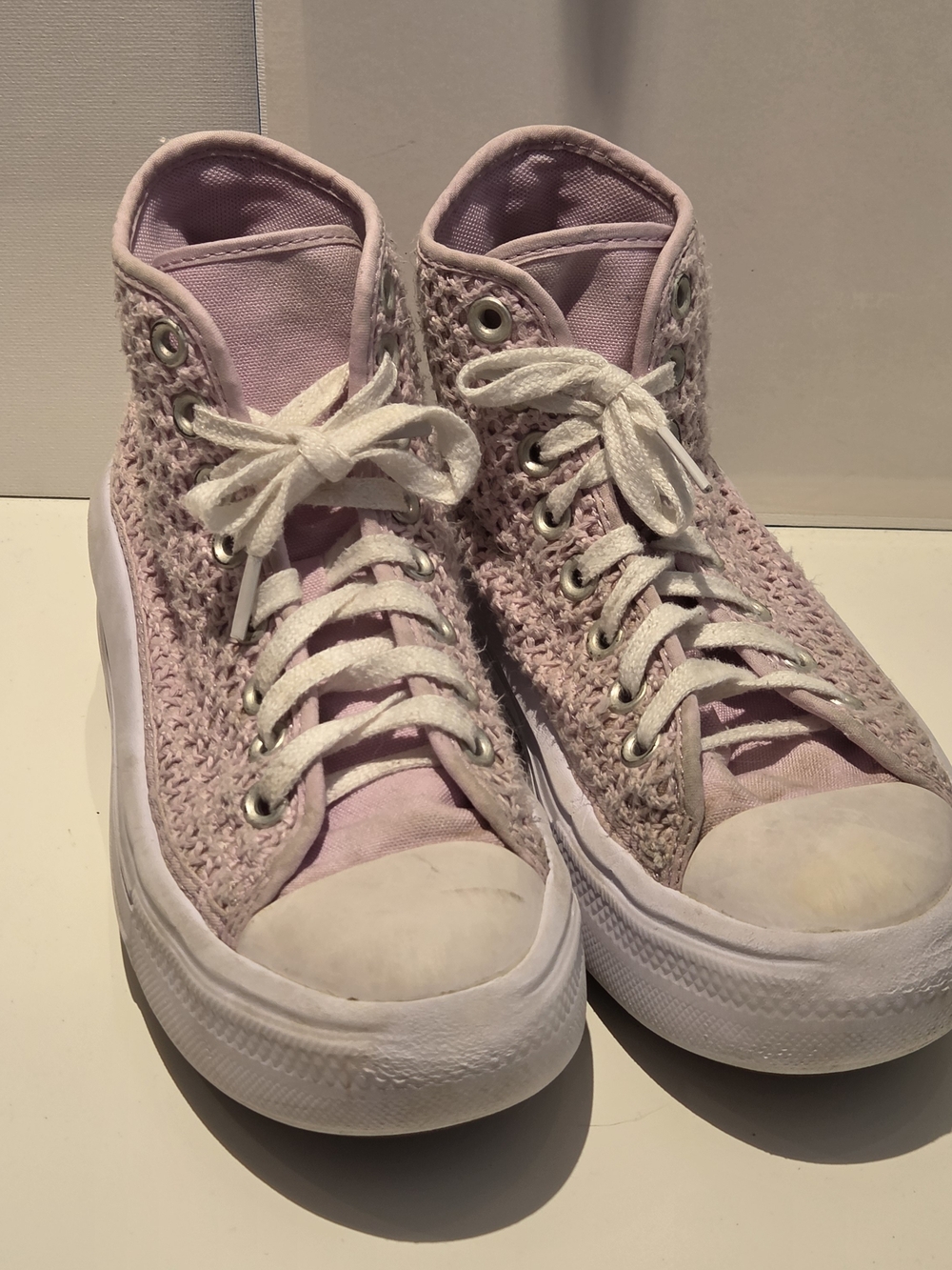 Converse Girls Size 4 Lilac Pink Crochet Platform High Top All Star Chuck Taylor